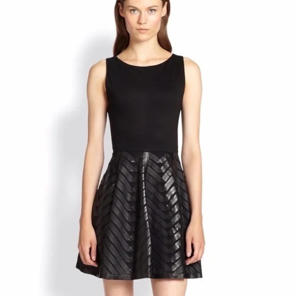 Alice + Olivia Zilla Leather Trim Fit Flare Dress, Black 12